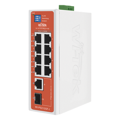 Switch Semi-Industrial / No administrable / 8 puertos 10/100 PoE af/at/bt / 1 puerto Gigabit RJ45 Uplink / 1 puerto SFP Uplink / Presupuesto PoE 110 Watts /