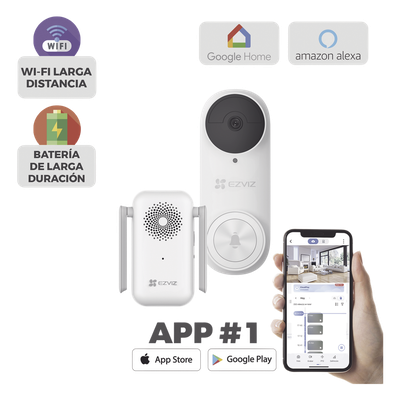 Timbre con Cámara Wi-Fi (Doorbell) de Batería Recargable  / Libre de Cables / Uso Exterior Con Protección (IP65) / Cámara 3 Megapíxel / Llamada a la App / Incluye Timbre Para Interior Con Timbres Seleccionables / Ranura 