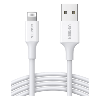 Cable USB-A a Lightning | 1 Metro | Certificado MFi | Carga Rápida 5V/2.4 A| 480 Mbps | PD | Conector C89 | Adecuado para iPhone, iPad y iPod | Protección Integrada | Caja de ABS | Cubierta de TPE | Color Blanco.