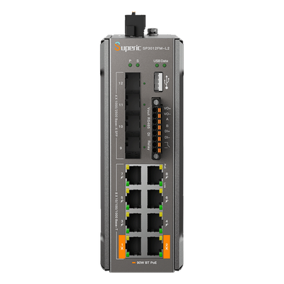 Switch de Red SP3012FM-L2(V3) / 8 Puertos 10/100/1000Mbps PoE / 4 Puertos SFP 1000M/2.5Gbps / Capacidad de Conmutación 36Gbps / Presupuesto PoE 240W / Alimentación Dual DC / Instalación DIN-rail, Pared o Escritorio / Certificaciones C