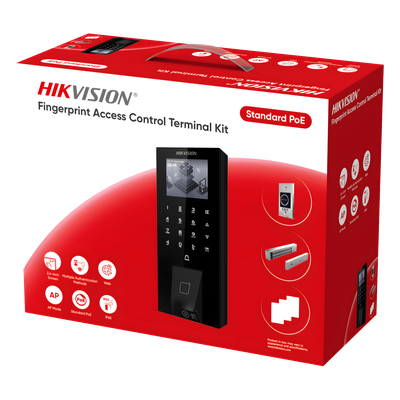 Kit Terminal Control Acceso Biométrico DS-KAS807 / Huella Digital / Códigos QR / 2.4" LCD / 5000 Huellas + 5000 Tarjetas / IP65 / Wi-Fi + PoE / Cerradura Magnética 272 kg / Botón Touchless