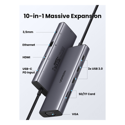 Hub USB-C 10 en 1 / HDMI 4K@30Hz + VGA 1920x1200 / 3x USB 3.0 5Gbps / Ethernet Gigabit / SD/TF Card Reader / PD 100W / Audio 3.5mm / Doble Pantalla Simultánea / Plug & Play Universal - Imagen 3