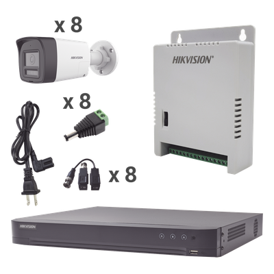 Kit Audio Bidireccional TurboHD 4K-3K / DVR 8 Canales 4K / 8 Cámaras Bala (Exterior) con Bocina y Microfóno Integrado 3K / 1 Fuentes de Poder / Accesorios