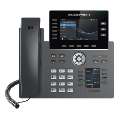 Teléfono IP Wi-Fi, Grado Operador, 6 líneas SIP con 6 cuentas, pantalla a color 4.3", puertos Gigabit, Bluetooth, PoE, codec Opus, IPV4/IPV6 con gestión en la nube GDMS