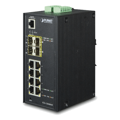 Switch Industrial Administrable / 8 Puertos 10/100/1000T RJ45 / 4 Ranuras 100/1000X SFP / 12-72V DC / 17.85 Mpps