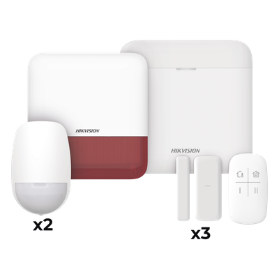 (AX PRO) KIT de Alarma AX PRO con GSM (3G/4G) / Incluye: 1 Hub con bateria de respaldo / 2 Sensores PIR / 3 Contactos Magnéticos mini / 1 Control Remoto / 1 Sirena estrobo Roja Inalambrica Exterior  / WiFi / Compatible con Hik-Connect P2P