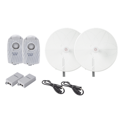 Kit de 2 radios B5X con antenasTXPD34B5X de (34 dBi), rango de frecuencia extendida (4.9 a 6.4 GHz),  incluye inyector POE, cable de alimentación y  para alineación, distancia de hasta 40 km