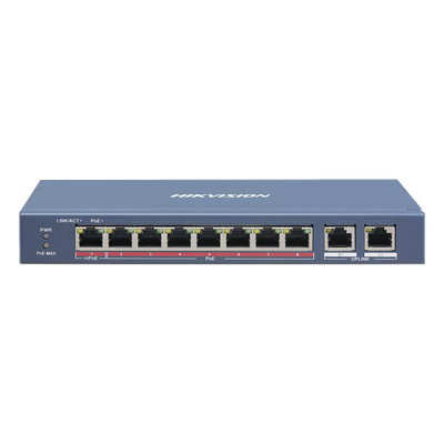 Switch PoE+ / No Administrable / 7 Puertos 10/100 Mbps 802.3 af/at (30 W) / 1 Puerto 10/100 Mbps Hi-PoE (90 W)  / 2 Puertos 1000 Mbps Uplink / Modo Extendido hasta 300 Metros / 110 Watts