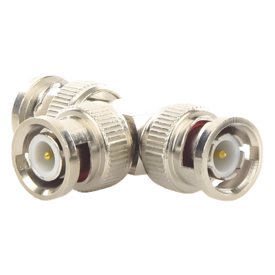Adaptador de Triple conectores BNC macho para uso en sistemas de video vigilancia en aplicación con cables coaxiales RG-59/ RG-6, Níquel/ Oro/ Politetrafluoroetileno. - Imagen 4