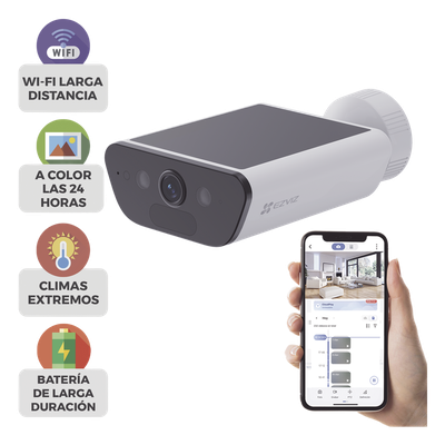 Camara de Bateria con Panel Solar Integrado / 4K Resolucion / WI-FI 6 / Vision Nocturna / Detección Humana y de Vehiculos / Batería de 10400 MAH / IP65 