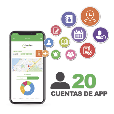 Licencia para realizar checadas de asistencia desde Smartphone (APP) con envío de fotografía y ubicación por GPS / Compatible con BIOTIMEPRO / Licencia para 20 usuarios