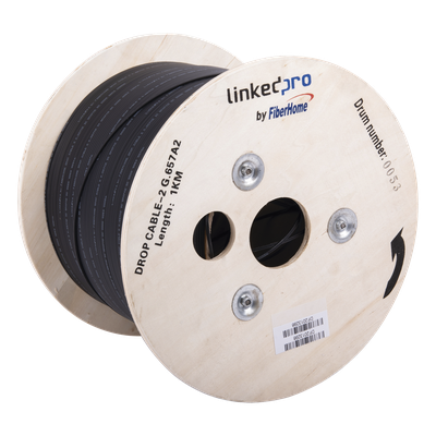 Carrete de 1 km de Fibra Óptica Drop, Interior/Exterior G.657A2 Monomodo de 2 Hilos (Bifibra), Diseñada para Fusionarse, Dieléctrica, Forro Negro, (No Soporta Conectores Mecánicos)