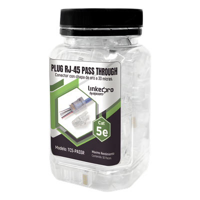 Bote con 50 Plugs Pass through RJ45 Cat5e sin blindaje, con alivio de tensión incluido, chapado de oro a 30 micras para durabilidad extrema