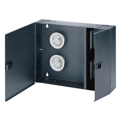 Caja de Conexión de Fibra Óptica, Para Montaje en Pared, Acepta 4 Placas Acopladoras FAP o FMP, Hasta 96 Fibras, Color Negro