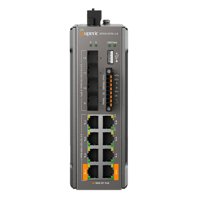 Switch de Red SP5012FM-L2 (V2) / 8 Puertos 10/100/1000Mbps PoE / 4 Puertos SFP 1000M/2.5G/10Gbps / Capacidad de Conmutación 96Gbps / Presupuesto PoE 240W / Alimentación Dual DC / Instalación DIN-rail, Pared o Escritorio / Certificacio