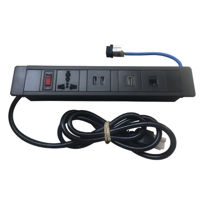 Hub para escritorio color negro,  con 1 Puerto HDMI Hembra-Hembra, 1 Conector RJ45 Cat6, 2 Puertos USB 5V DC /2 A, y 1 Contacto eléctrico universal  (11100-00001)