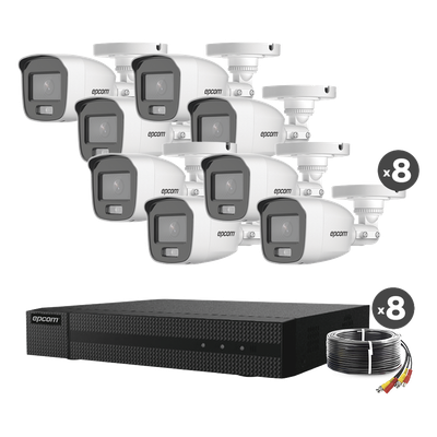Kit TurboHD 1080p / DVR 8 Canales / 8 Cámaras Bala ColorVu con Microfono Integrado / Fuente de Poder / Accesorios de Instalación