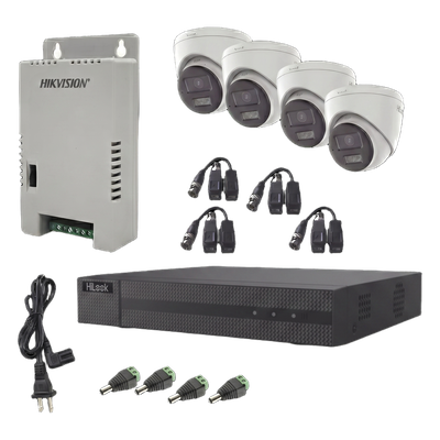 Kit HiLook Audio Bidireccional TurboHD 1080p / DVR Metalico 4 Canales / 4 Cámaras Eyeball (Exterior) con Bocina y Microfóno Integrado / 1 Fuente de Poder / Accesorios