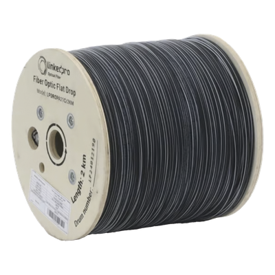 Carrete de 2 Kilómetros de Fibra Óptica Drop Plana, Interior/Exterior G.657A2 Monomodo de 1 Hilo (Unifibra), Dieléctrica, Forro Negro, Compatible con Conectores FASC, FASCUP, FASCLC