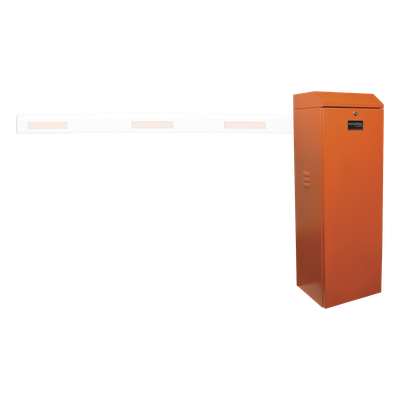 Barrera vehicular izquierda / Soporta brazo de hasta 5.5 m / Final de carrera ajustable por programación / Movimiento fluido / Diseño elegante color naranja