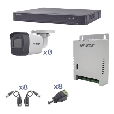 KIT TurboHD 1080p / DVR 8 Canales / 8 Cámaras Bala (exterior 2.8 mm) / Transceptores / Conectores / Fuente de Poder Profesional hasta 15 Vcc para Larga Distancia