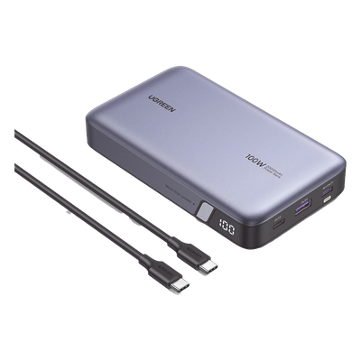 Power Bank de 20000mAh | 3 Salidas 100W Max. | USB-A + 2 USB-C | PD 3.0 | QC3.0 | FCP | SCP | Pantalla Inteligente | Carcasa Ignifuga | Color Gris | Incluye Cable USB de 50cm | Carga tu Laptop de Manera Segura.