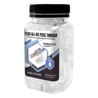 Bote con 50 Plugs Pass Through RJ45 Cat6 sin Blindaje, con Alivio de Tensión Incluido, Chapado de Oro a 30 Micras para Durabilidad Extrema