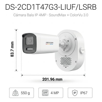 Bala IP 4 Megapixel / ColorVu 3.0 + SoundMax / Lente 4 mm / Dual Light 50 mts (164 ft) IR + Luz Blanca / Bocina + Micrófono Integrados / Luz Estroboscópica Rojo-Azul / AcuSense Lite / Exterior IP67 / WDR 120 dB / PoE / Micro SD - Imagen 5