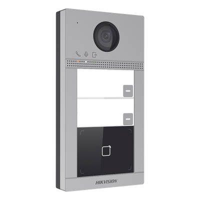 Videoportero IP 2 Megapixel / Llamada y Apertura Remota desde App Hik-Connect (requiere monitor) / PoE / Exterior IP65 + Antivandalico IK08 / 2 Departamentos / Apertura con Tarjeta / Soporta 2 Puertas y hasta 6 Monitores