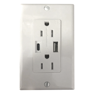 Contacto Dúplex con puertos USB Tipo A y C, 15 A, 100 - 240 V, USB 5 V, Incluye la Placa.