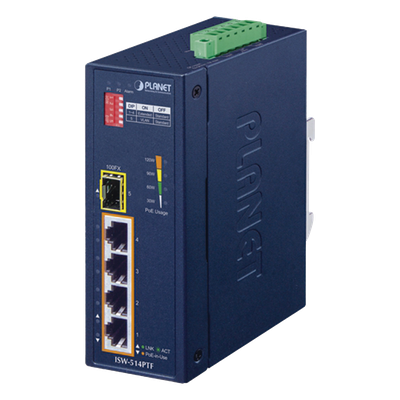Switch industrial, Temperatura de Operación: -40 a 75ºC, 4 puertos PoE 10/100 + 1 Puerto 100Base-FX 