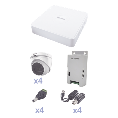 KIT TurboHD con Audio 1080p / DVR 4 Canales / 4 Cámaras Domo (exterior 2.8 mm) / Transceptores / Conectores / Fuente de Poder / AUDIO POR COAXITRON