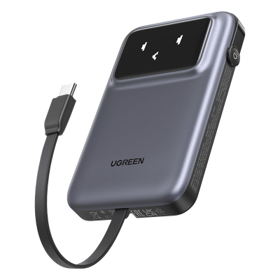 Power Bank Serie Uno |  10000mAh | 30W |  con Cable USB-C Incorporado | 2 Salidas 30W Max. | Pantalla Inteligente | Carcasa Ignifuga | Aprobado por Aerolíneas.| Color Grey.