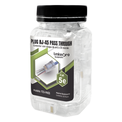 Bote con 100 Plugs Pass Through RJ45 Cat5e sin Blindaje, Chapado de Oro a 30 Micras para Durabilidad Extrema