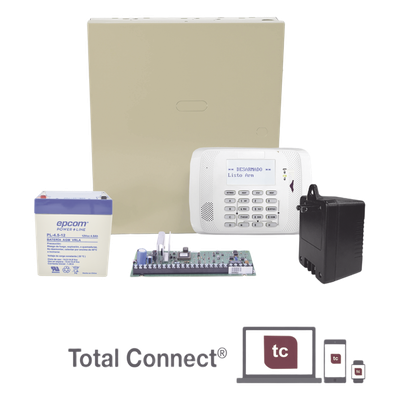 Panel de alarma de 48 zonas y 3 particiones, en kit con teclado alfanumérico, receptor inalámbrico, gabinete, batería y transformador