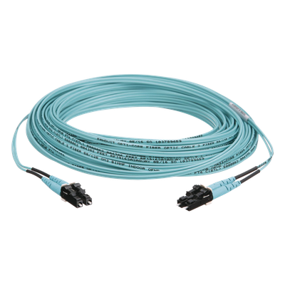 Jumper de Fibra Optica Multimodo 50/125 OM3, LC-LC Duplex, OFNR (Riser), Color Aqua, 15 Metros (49.21 Pies)
