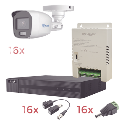 Kit TurboHD 1080p Lite / DVR 16 Canales / 16 Cámaras Bala Exterior ( 2.8mm) con ColorVu + Micrófono Integado / Transceptores / Conectores / Fuente de Poder Profesional