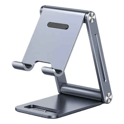 Soporte para Teléfono Celular de Aluminio | Angulo Ajustable | Amplia Compatibilidad con dispositivos de 4.7'' a 7.9'' | Antideslizante | Antiarañazos | Plegable | Color Gris.