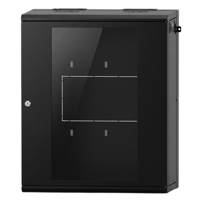 Gabinete Rackeable 24 UR / 19 Pulgadas / Puerta de Cristal / Acero Calibres 18 y 22 / Montaje en Pared / Capacidad de Carga 80 Kg / Pintura Electroestática Negra / Abatible 120° / Laterales Removibles