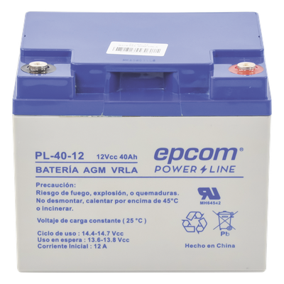 Batería 12 Vcc / 40 Ah / UL / Tecnología AGM-VRLA / Para uso en equipo electrónico Alarmas de intrusión / Incendio/ Control de acceso / Video Vigilancia / Terminales tipo M6 ( HEX ) / Cargador recomendado CHR-250.