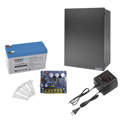 Kit con fuente PLB3 con salida de 12 Vcc a 4 Amper, incluye transformador y batería de 12 V a 7 Amper 