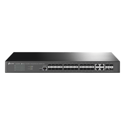 Switch de Fibra Óptica L2+ Omada / 24 puertos SFP 1GE / 4 Puertos Combinados SFP+/RJ45 Gigabit / 2 Puertos Consola RJ45|micro-SUB / Administración Centralizada Omada o Stand-Alone / Compatile con IPv6 /  Multicast IGMP