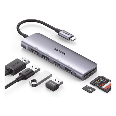 HUB USB-C (Docking Station) 6 en 1 | HDMI 4K@30Hz | 3 Puertos USB 3.0 | Lector Tarjeta SD + Micro SD (TF) Uso Simultáneo | Chip de Última Generación | Potente Disipación de Calor |  Caja de Aluminio.