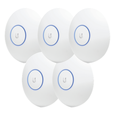 Paquete de 5 Access Point UniFi de largo alcance, Doble banda 802.11ac MIMO2X2 para interior, PoE 802.3af, soporta 250 clientes, hasta 867 Mbps, Los equipos no incluyen poe se sugiere comprar aparte el  modelo POE-24-12W-G 