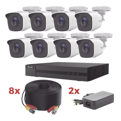 Kit TurboHD / DVR 8 Canales 1080p Lite / 8 Cámaras bala 1080p metalicas / 8 cables de 20 metros / 2 fuentes de 4 canales