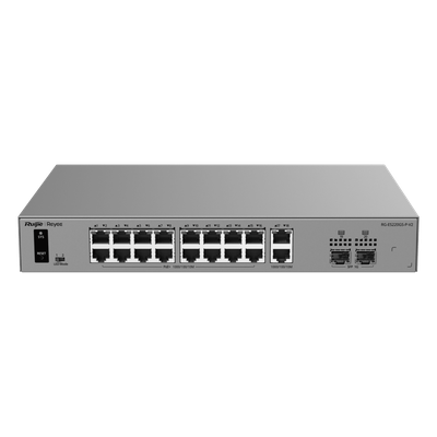 Switch Smart Cloud Managed PoE+ Capa 2 / 20 Puertos Gigabit / 16 Puertos PoE+ 250 W / 2 SFP 1G / Switching 40 Gbps / Forwarding 29.76 Mpps / Protección 6 kV / Gestión Cloud Ruijie / Metal / Rack