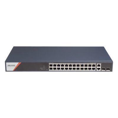 Switch Gigabit PoE+ / Industrial / Administrable / 24 Puertos 1000 Mbps PoE+ (4 Puertos PoE++ 90 W) / 2 Puertos 1000 Mbps de Uplink / 2 Puertos SFP / Configuración Nube Hik-PartnerPro / Modo Extendido hasta 300 Metros / 370 W