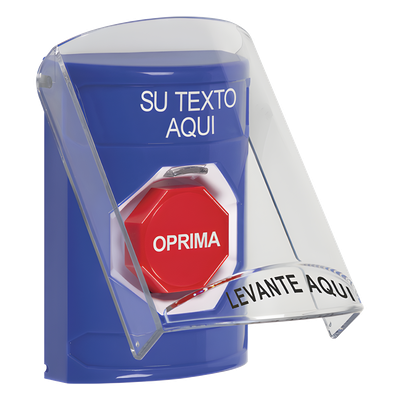 Botón de emergencia con tapa protectora / Restablecimiento con llave / Texto personalizable 2 líneas / LED opcional R/G/B / Montaje en superficie