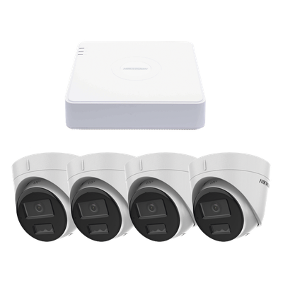 Kit IP 1080p (2 Megapixel) / NVR de 4 Canales con 4 Puertos PoE / 4 Cámaras IP Turret con Micrófono Integrado / ColorVu y ACUSENSE Lite