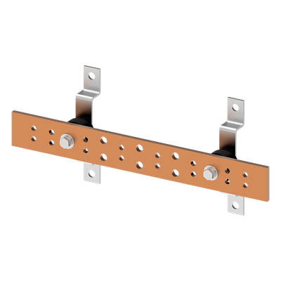 Barra de Tierra para Telecomunicaciones De Cobre Electrochapado / 0.25 x 2.00 x 16.00 pulgadas / 12 Puntos de Conexión / Incluye Soportes y Conectores / Anticorrosivo